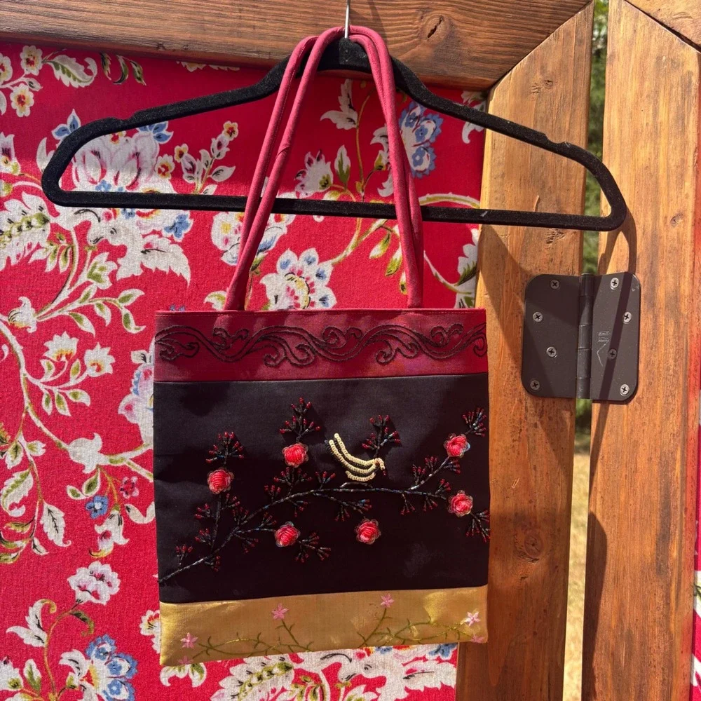 Small Beaded Sequin Whimsigoth Floral Bird Tote Bag 10X10